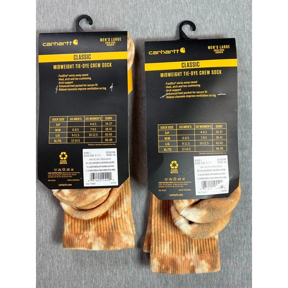 Carhartt Men 2 Pair Tie Dye Crew Socks Malt Khaki Midweight Large Mens 9-11.5